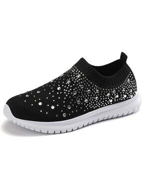 Women's Black Mesh Rhinestone Glitter Slip On Ballroom Jazz Latin Sock Sneakers
